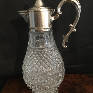 Vintage Pressed Glass Diamond Carafe Silver Plate Lid & Spout made in Italy