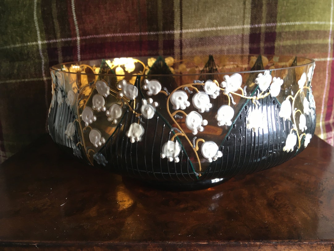 4 Vintage Amber Glass Trifle Bowls Set Hand Painted Floral Etsy