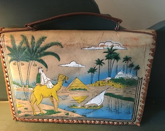 Vintage Egyptian Leather Hieroglyphics Handbag, Double Sided Bag, Change Purse, 1970's Purse