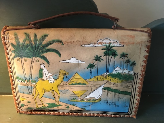 Vintage Egyptian Leather Hieroglyphics Handbag, D… - image 1