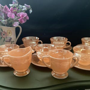 Tea Cups Saucers King Anchor Hocking Peach Leaf  Set of 6, Creamer,Jug ,Sugar Bowl and large Bowl