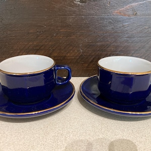 Two Martell Cognac Blue Apilco Expresso Coffee Cups and Saucers, Brandy lover gift