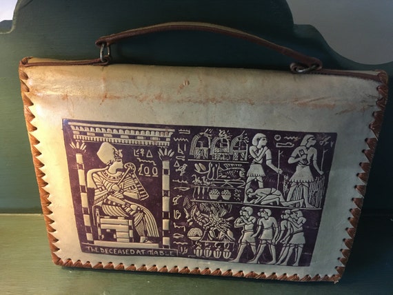 Vintage Egyptian Leather Hieroglyphics Handbag, D… - image 2