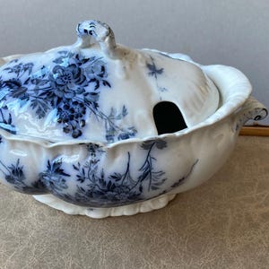 Può includere: Una zuppiera in ceramica bianca e blu con un motivo floreale. La zuppiera ha un coperchio con manico e una piccola apertura per un mestolo. Le maniglie sono curve e la zuppiera poggia su una piccola base. Il motivo floreale è in tonalità blu.