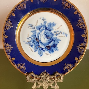 Real cobalt decorative plate  25 cm ,display plate blue roses and gold decor, Epiag Carlsbad Porcelain Bohemia ,  Czechoslovakia