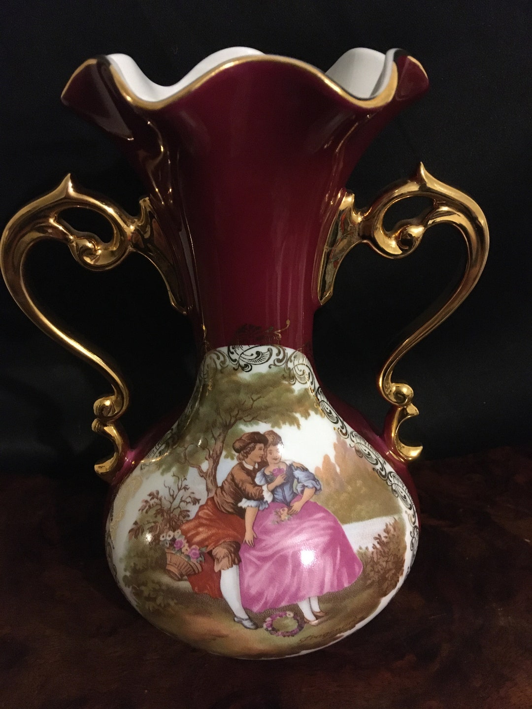 La Reine Limoges Vase, Burgundy , Pink Gold Urn, Fragonard Style Bud