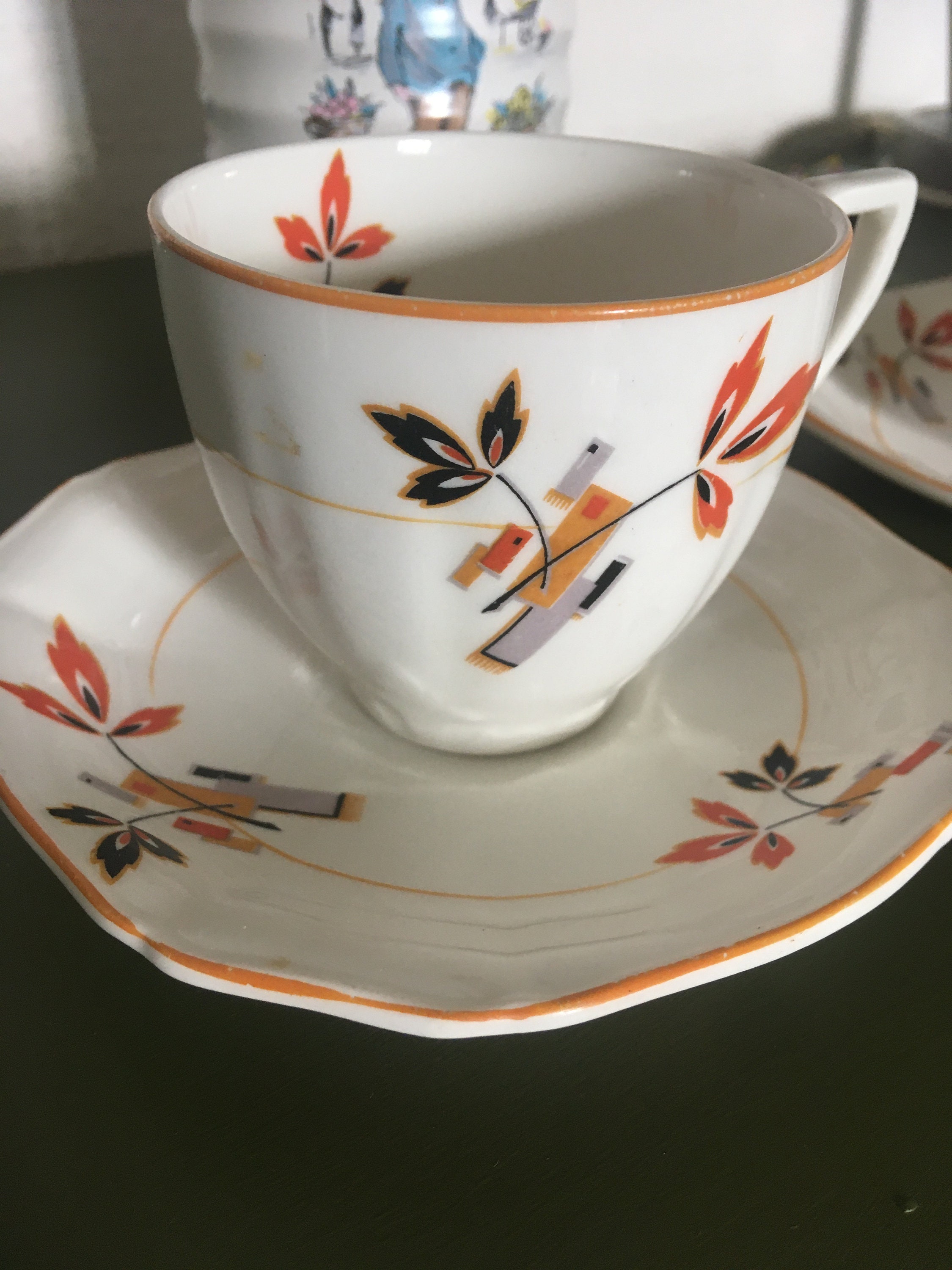 Art Deco Cup and Saucer Orange Leaves Alfred Meakin Mothers Day