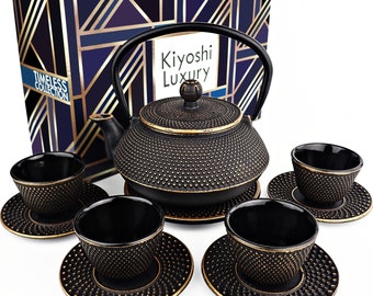 11PC Japanese Tea Set Cast Iron Tea Pot 26Oz with 4 Tea Cups (2Oz each) 4 Saucers Leaf Tea Infuser and Trivet. Ceremonial Matcha Accessories