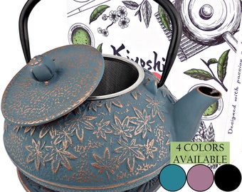 Japanese Cast Iron Teapot Large Capacity 40Oz with Trivet and Loose Leaf Tea Infuser, Cast Iron Tea Kettle Stovetop Safe. Tetsubin Coated