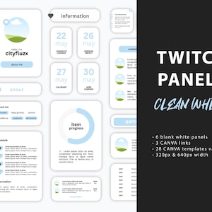 Pode incluir: Um conjunto de pain&eacute;is Twitch personaliz&aacute;veis em um design branco limpo. Os pain&eacute;is incluem uma programa&ccedil;&atilde;o, informa&ccedil;&otilde;es, sobre mim e uma barra de progresso. Os pain&eacute;is t&ecirc;m 320px e 640px de largura e v&ecirc;m com 6 pain&eacute;is brancos em branco, 3 links do Canva e 28 varia&ccedil;&otilde;es de modelos do Canva.