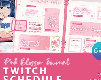 Diario de programación de Twitch Pink Blossom / Enlace CANVA para paneles de Twitch DIY / Celestiales / Paneles de Twitch estéticos, editables, animados y personalizables