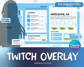 Twitch Overlay Dashboard Screen | Blue Azure Vtuber Stream Asset | Twitch OBS | 100% Customisable CANVA Link Included | Loading About Screen
