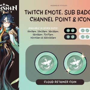 May include: A digital illustration of a character from the video game Genshin Impact. The character is a woman with long green hair, wearing a black and green outfit. The image is a design for a Twitch emote, sub badge, channel point, and icon. The design features a white bird with a green background. The text "CLOUD RETAINER COIN" is at the bottom of the image.