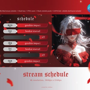 Peut inclure: Un modèle de planning de diffusion rouge et noir avec une illustration d'un personnage d'anime rouge et blanc. Le planning comprend les jours de la semaine, les heures et des jeux comme Genshin Impact et Honkai Starrail. Le texte "stream schedule" est en grande taille et en gras. Le texte "4k resolution, 3840px x 2160px" est sous le planning. Le texte "created by cityfluzx" est en bas du modèle.