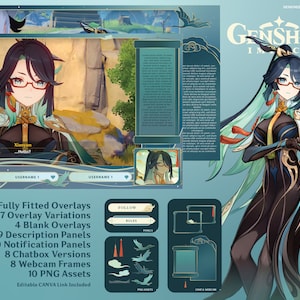 May include: A digital illustration of a character from the video game Genshin Impact. The character is a woman with long blue hair, wearing a black and green outfit. The image includes text that says "Genshin Impact" and "Designed by Cityfluzx".