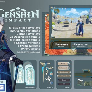 Genshin Neuvillette Studie Stream Overlay | DIY Chat Panels Rahmen-Assets + CANVA Link | Twitch YouTube Facebook Gaming OBS | Sofort Download