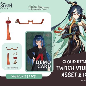 May include: A digital illustration of a female anime character with blue hair and glasses. She is wearing a black and green outfit with gold accents. The text "Cloud Retainer Twitch VTuber Asset & Icon" is at the bottom of the image. The text "Created by Cityfluzx" is at the bottom right of the image.