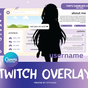 May include: Purple Twitch overlay template with a silhouette of a person in front of a computer screen. The screen displays a schedule, a section for updates, and a section for about me. The text "see you on wed" is displayed on the screen. The text "TWITCH OVERLAY" is displayed at the bottom of the image.