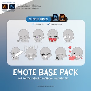 Puede incluir: Nueve bases de emotes de dibujos animados grises y blancas para Twitch, Discord, Facebook, YouTube, etc. Los emotes están en varias poses, incluyendo una persona sosteniendo una sandía, una persona con un teléfono y una persona con corazones a su alrededor.