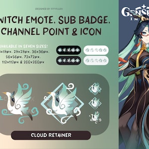 May include: Digital artwork showcasing Twitch emotes, sub badges, channel points, and icons. The design features a white bird with teal accents, available in seven sizes. The text reads "Twitch Emote, Sub Badge, Channel Point & Icon" and "Cloud Retainer."