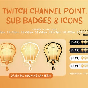 Puede incluir: Un conjunto de puntos de canal de Twitch, insignias de suscriptores e iconos que presentan una linterna oriental brillante en tres variaciones de color: dorado, blanco y negro. La linterna es una linterna de papel china tradicional con un patrón en forma de diamante. El texto "LINTERNA ORIENTAL BRILLANTE" se muestra debajo de las imágenes. El texto "DEMO:" se muestra arriba de cuatro filas de iconos de linternas de diferentes tamaños.
