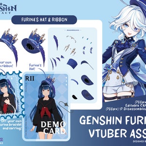 Puede incluir: Una ilustración digital de un personaje del videojuego Genshin Impact, Furina, que lleva un sombrero azul y blanco con una corona. La imagen incluye una versión desmontada del sombrero, una tarjeta de demostración y texto que dice "Genshin Furina VTuber Asset".