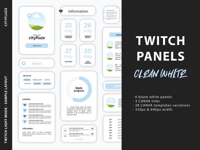 Pode incluir: Um conjunto de pain&eacute;is Twitch personaliz&aacute;veis em um design branco limpo. Os pain&eacute;is incluem uma programa&ccedil;&atilde;o, informa&ccedil;&otilde;es, sobre mim e uma barra de progresso. Os pain&eacute;is t&ecirc;m 320px e 640px de largura e v&ecirc;m com 6 pain&eacute;is brancos em branco, 3 links do Canva e 28 varia&ccedil;&otilde;es de modelos do Canva.
