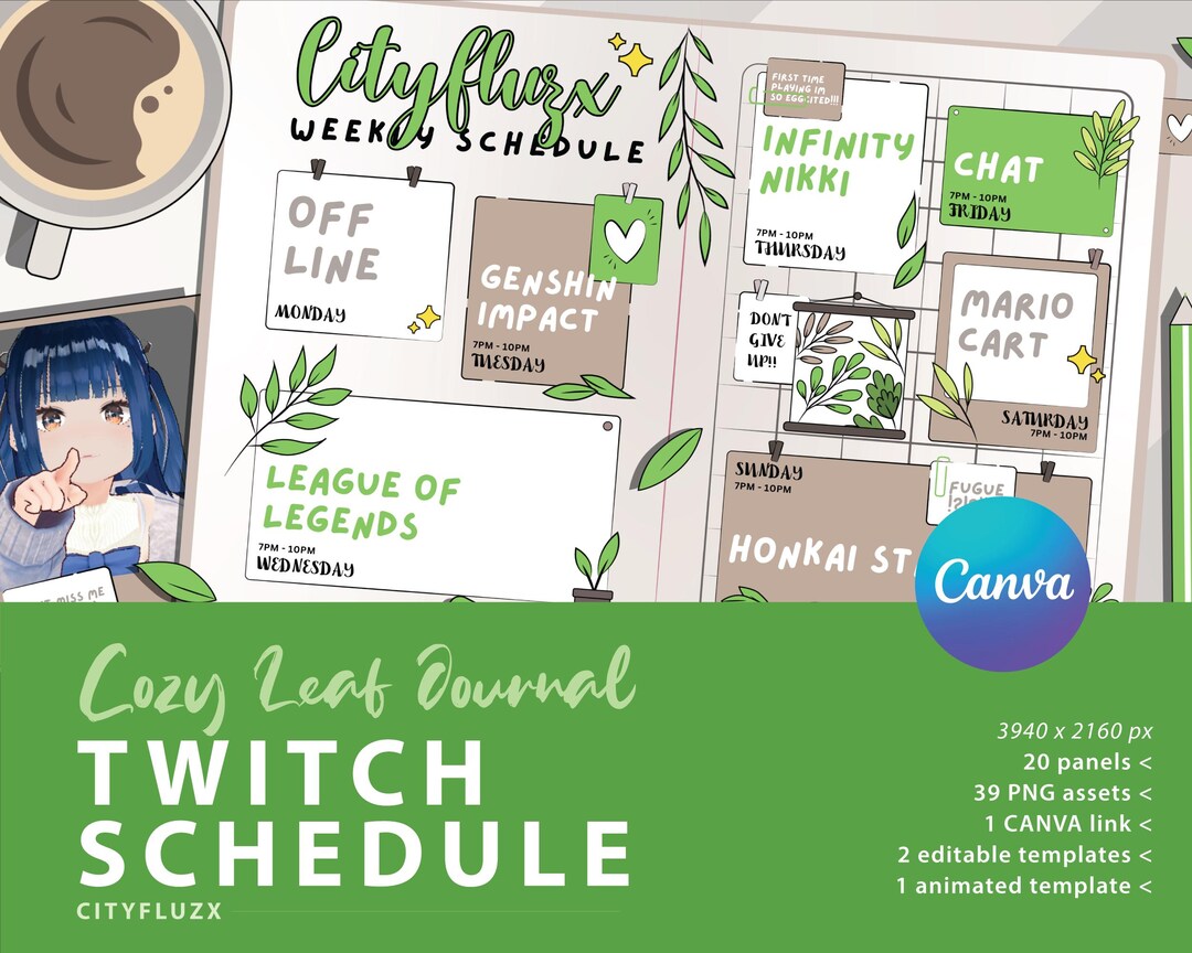 Twitch Schedule Journal Cozy Leaf | CANVA Link for DIY | Comfy ...