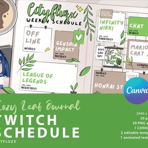 Twitch Schedule Journal Cozy Leaf | CANVA Link for DIY | Comfy Cottagecore Green Twitch Panels | Aesthetic Twitch Panels Editable Animated