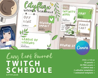 Diario de programación de Twitch Cozy Leaf / Enlace CANVA para paneles de Twitch de estilo Cottagecore Green, cómodos y DIY / Paneles de Twitch estéticos, editables y animados