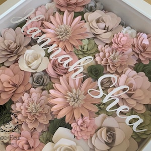 May include: A framed paper flower arrangement in shades of pink and green with the names "Hannah Shea" written in white lettering.