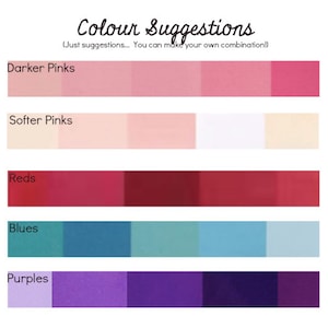May include: A color palette chart with five rows of color swatches. Each row is labeled with a color category: Darker Pinks, Softer Pinks, Reds, Blues, and Purples. Each row has five color swatches, ranging from light to dark.