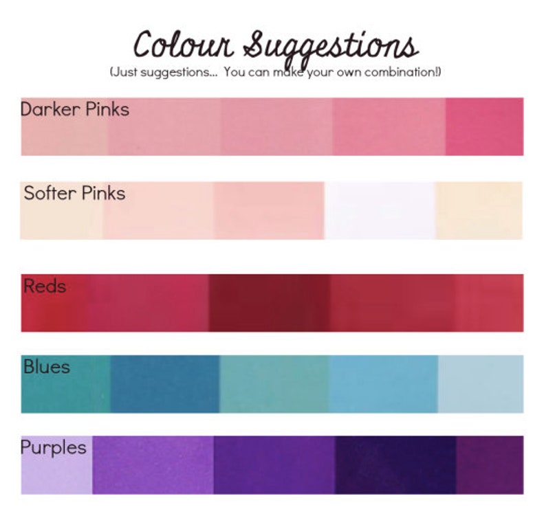 May include: A color palette chart with five rows of color swatches. Each row is labeled with a color category: Darker Pinks, Softer Pinks, Reds, Blues, and Purples. Each row has five color swatches, ranging from light to dark.