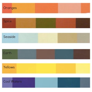 May include: A color palette chart with six rows of color swatches. Each row is labeled with a theme: Oranges, Spice, Seaside, Earth, Yellows, and Cool Waters.