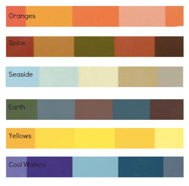 May include: A color palette chart with six rows of color swatches. Each row is labeled with a theme: Oranges, Spice, Seaside, Earth, Yellows, and Cool Waters.