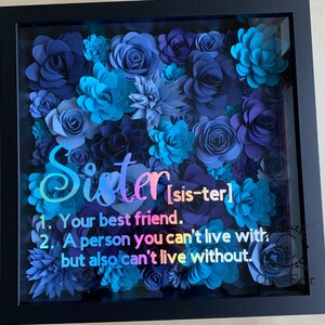 May include: A framed shadow box art piece with blue and teal paper flowers. The text "Sister [sis-ter]" is written in a rainbow font. The text below reads "1. Your best friend. 2. A person you can't live with but also can't live without."