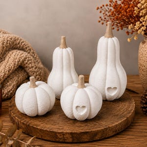 Op de afbeelding: Een set van vier witte decoratieve pompoenen met een textuur en beige steeltjes. Twee pompoenen zijn rond en twee zijn langwerpig, waarbij één ronde en één langwerpige pompoen elk een klein hartvormig uitgesneden detail aan de voorzijde hebben.