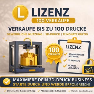 Könnte beinhalten: Werbebild mit einem 3D-Drucker, der ein gelbes Schloss druckt. Der Text enthält "LIZENZ", "100 VERKÄUFE" und "MAXIMIERE DEIN 3D-DRUCK BUSINESS". Weitere Elemente sind ein Klemmbrett, ein goldenes Siegel und ein Vorhängeschloss.