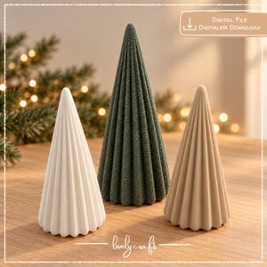 May include: Three cone-shaped decorative objects with a vertical ribbed texture. One is white, one is dark green, and one is light tan. A text box in the upper right corner reads Digital File Digitaler Download and the text Lovely Crafts is at the bottom.