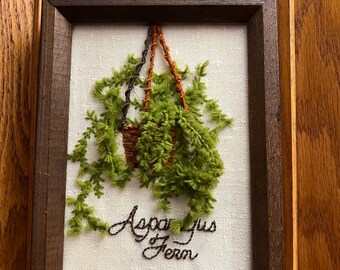 Vintage Crewel Embroidered 70's Asparagus Fern Framed Wall Art, Boho, needlepoint, retro, wall hanging