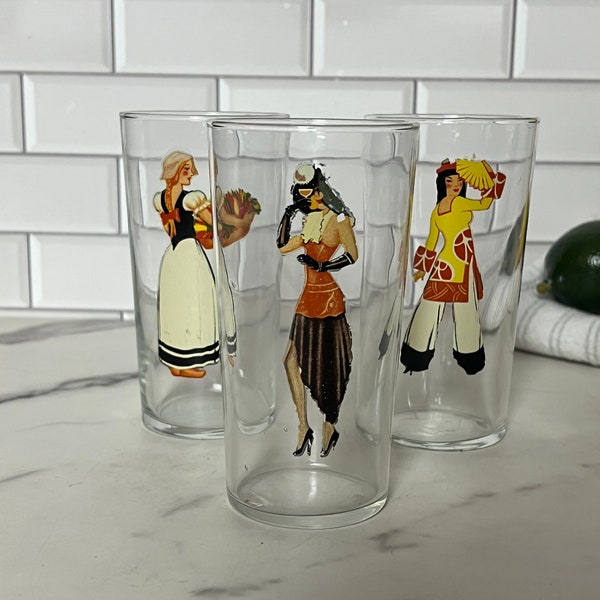 Vintage 1940s pin up girls peek a boo drinking glasses SET OF 3