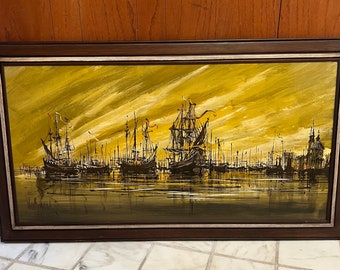 Vintage Large  Vanguard Ships signed painting, #105, midcentury painting, MCM, 1960s