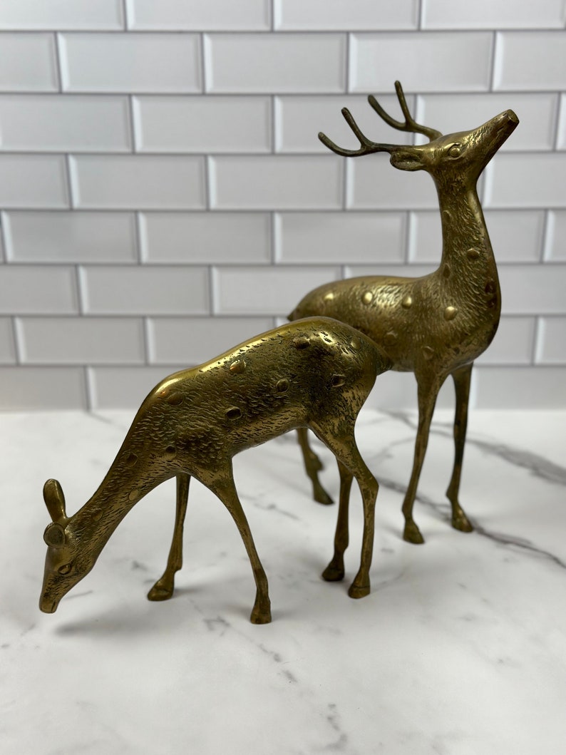 Two Large Vintage Brass Deer Statues Rustic Deer Grazing Etsy