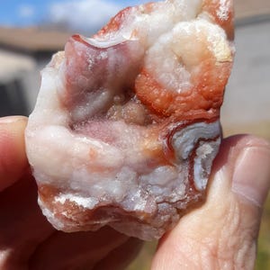 May include: A close-up of a natural stone with a mix of colors. The stone features layers of white, red, and orange hues. The stone is held in a hand, with a blue sky in the background.