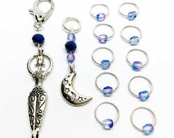 Moon Goddess set of stitch Markers-moon Goddess progress keeper-Silvermoon progress keeper- set of 10 snagfree markers with blue crystals