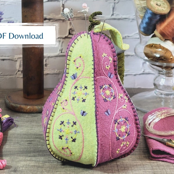 Pincushion pattern, modern embroidery pattern, Embroidery pattern, Pear pincushion, Plush felt pear, PDF embroidery pattern, Pear pincushion