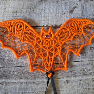 Spooky Orange/Black Lacey Fixed Wing Flying BatOrnament (for Xmas or Halloween!)  Great novelty decoration...too cute!