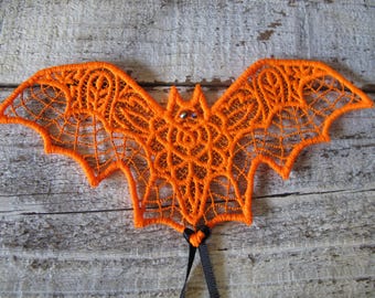 Lacey Bat Ornament: Orange & Black Halloween Decoration