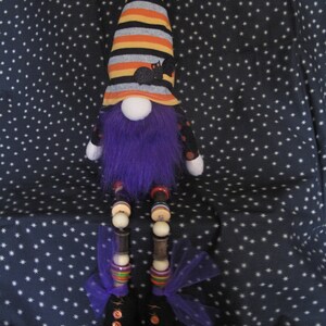 Adorably Spooky Handcrafted Halloween Shelf Sitter - GNOME : Wooden Bead and spool legs - Purple Beard