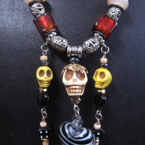 Spooky Statement Necklace = Murano Beads/Czech Glass and Skelly Bead in Orange Tones with purple accent hearts